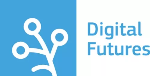 Digital futures text in blue with a branch on the left in white